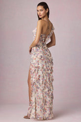 Asymmetric Ruffled Lace-Up Gown in Primrose Floral Print